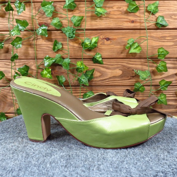 Cindy Womens Platform Mule Heels Size 10 Green Leather Bow Open Toe Chunky Heel - Picture 3 of 6